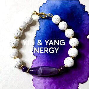 Purple Banded Agate + White Lava Rock - Chunky Bracelet for Larger Wrists 8"